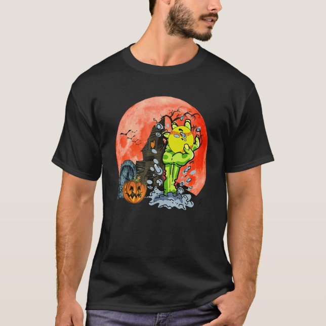 Halloween Zombie Hand Holding Softball Ball Player T-Shirt (Front)