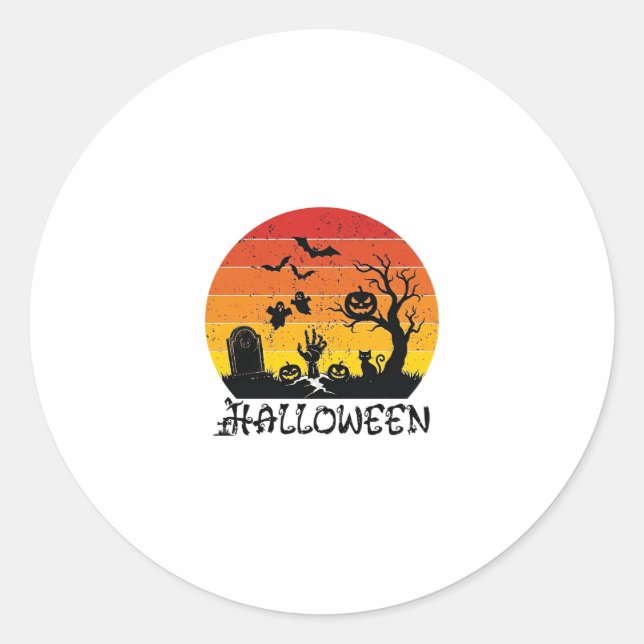 Halloween Zombie Hand Tombstone Tree Black Cat Bat Classic Round Sticker (Front)
