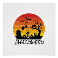 Halloween Zombie Hand Tombstone Tree Black Cat Bat