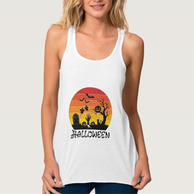 Halloween Zombie Hand Tombstone Tree Black Cat Bat Singlet (Front)