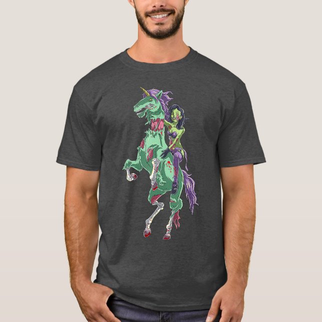 Halloween Zombie Pin Up Woman and Unicorn T-Shirt (Front)