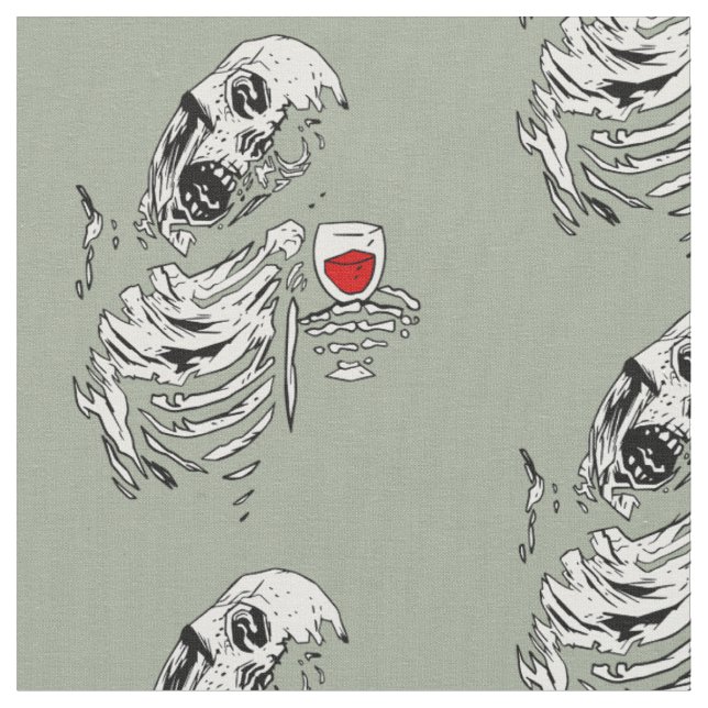 halloween zombie skeleton drinking wine skull fabric (Close Up)