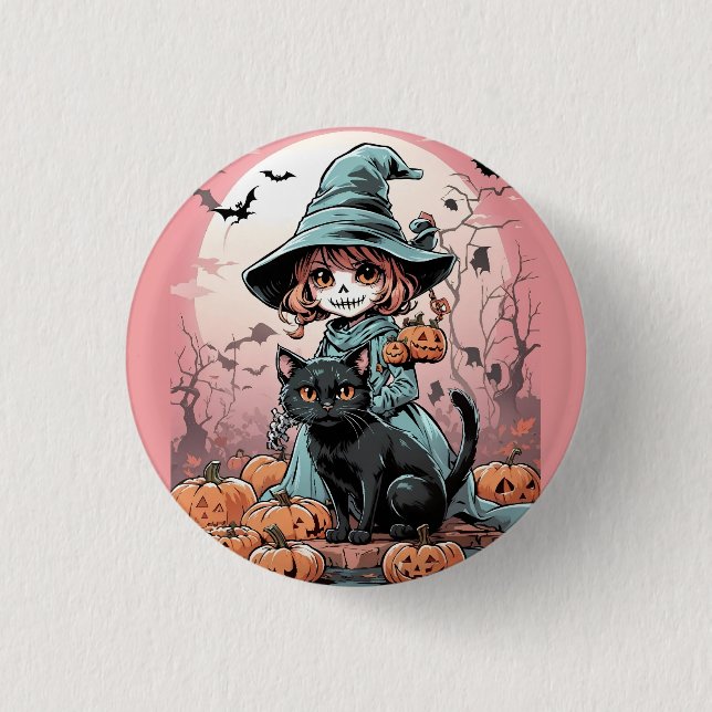 Halloween zombie witch with black cat Badge (Front)