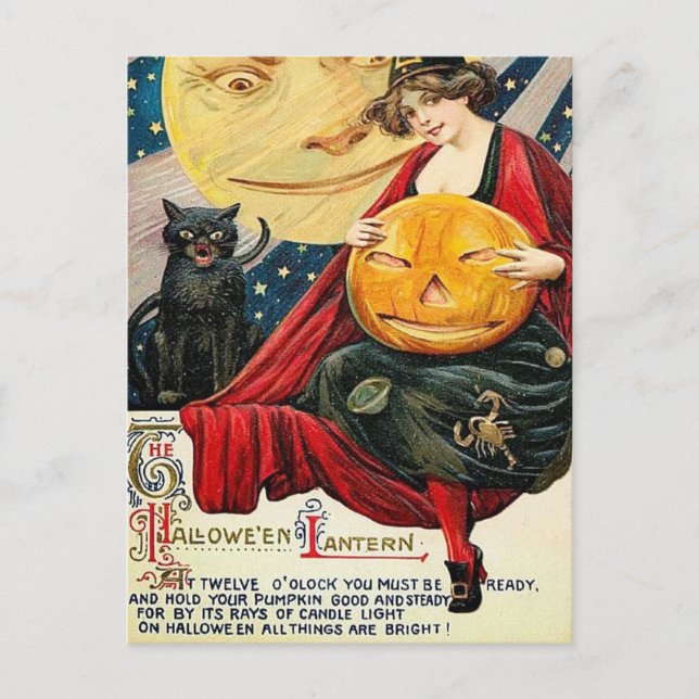 Hallowen witch pumpkin black cat Vintage postcard (Front)