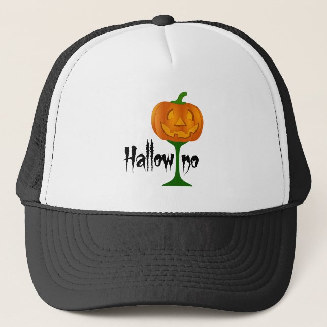 Hallowino Pumpkin Wine Glass Halloween Trucker Hat (Front)
