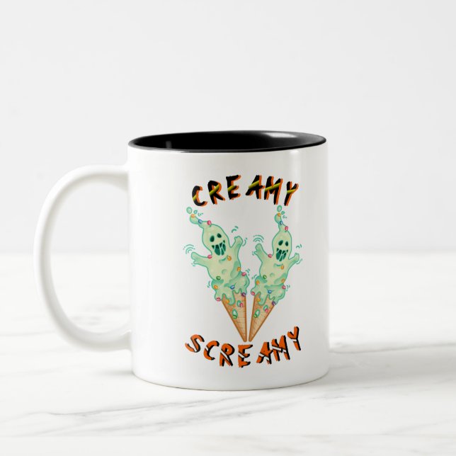 Hallows Creamy Screamy Witchy Boo Scary Halloween Two-Tone Coffee Mug (Left)