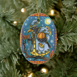 HALLOWS EVE BLACKBIRD WIZARD, HALLOWEEN RAVEN CERAMIC TREE DECORATION