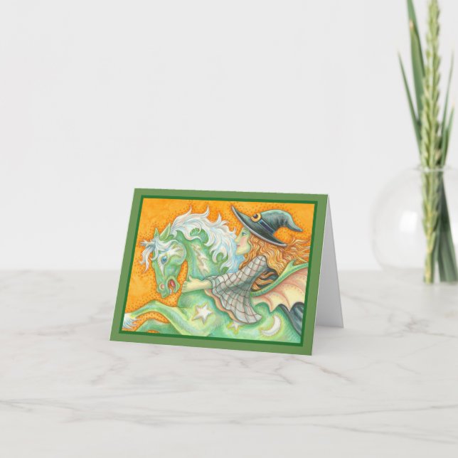 HALLOWS EVE WITCH AND HORSE NOTE CARD Blank, Green (Front)