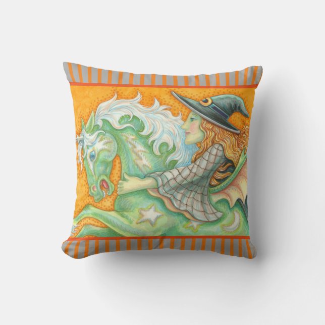 HALLOWS EVE WITCH AND HORSE THROW PILLOW Grey (Front)