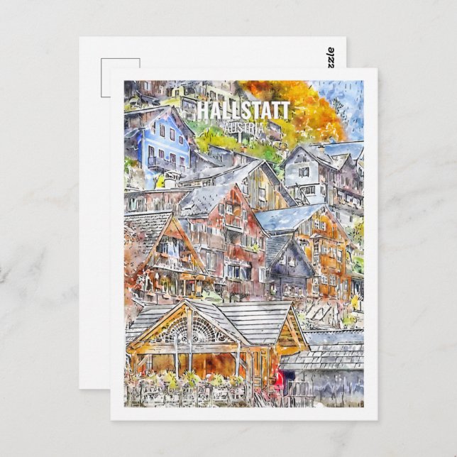 Hallstatt Austria Famous Travel Watercolor Sketch Postcard (Front/Back)