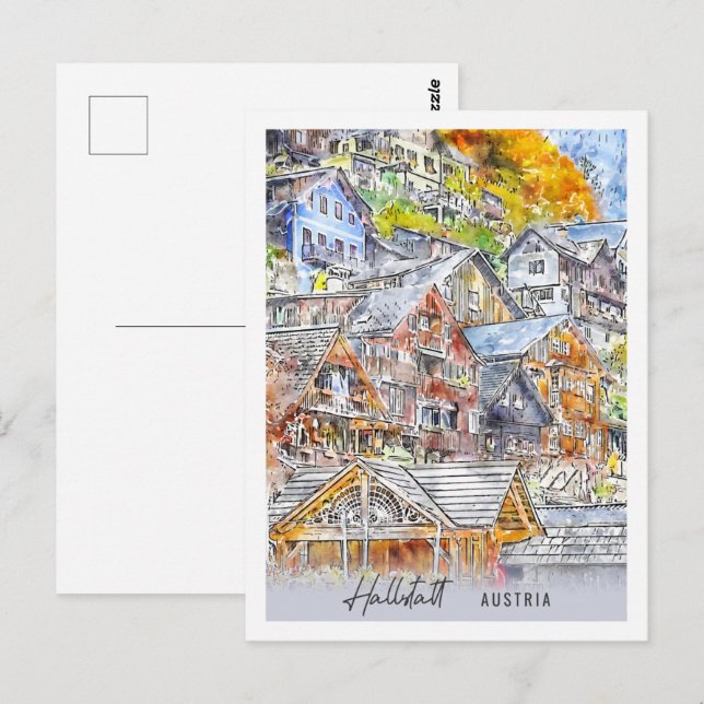 Hallstatt Austria Travel Place Watercolor Postcard (Front/Back)
