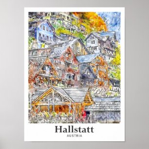 Hallstatt Austria Travel Watercolor Hand Drawn Poster