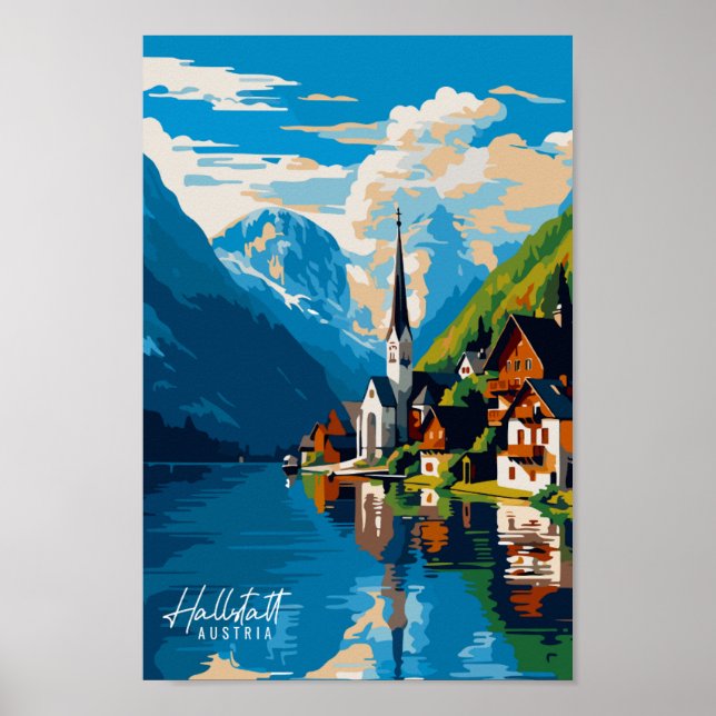 Hallstatt Austria vintage travel illustration Poster (Front)