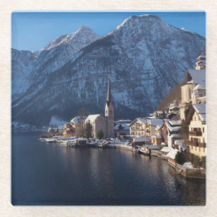 Hallstatt town in the snow in winter glass coaster