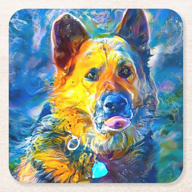 Halo:  Portrait of a German Shepherd  Square Paper Coaster (Front)