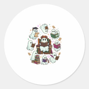 Haloween Reading Ghosts Stacked Books Floral Crown Classic Round Sticker