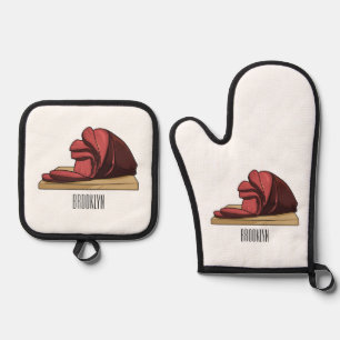 Ham cartoon illustration oven mitt & pot holder set
