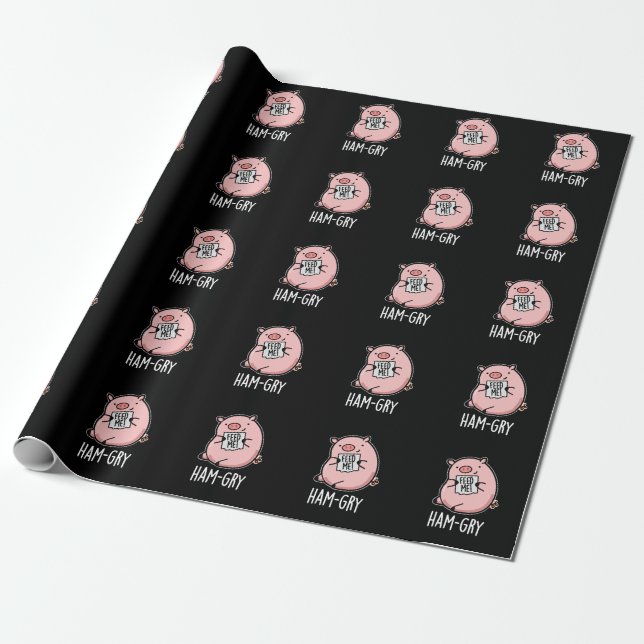 Ham-gry Funny Animal Pig Pun Dark BG Wrapping Paper (Unrolled)