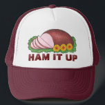 HAM IT UP Christmas Easter Holiday Dinner Food Trucker Hat<br><div class="desc">Hat features an original marker illustration of a classic holiday ham,  with HAM IT UP in a fun font. Great for the Christmas or Easter festivities!

Don't see what you're looking for? Need help with customisation? Contact Rebecca to have something designed just for you.</div>