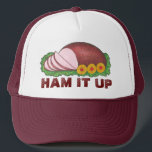 HAM IT UP Christmas Easter Holiday Dinner Food Trucker Hat<br><div class="desc">Hat features an original marker illustration of a classic holiday ham,  with HAM IT UP in a fun font. Great for the Christmas or Easter festivities!

Don't see what you're looking for? Need help with customisation? Contact Rebecca to have something designed just for you.</div>