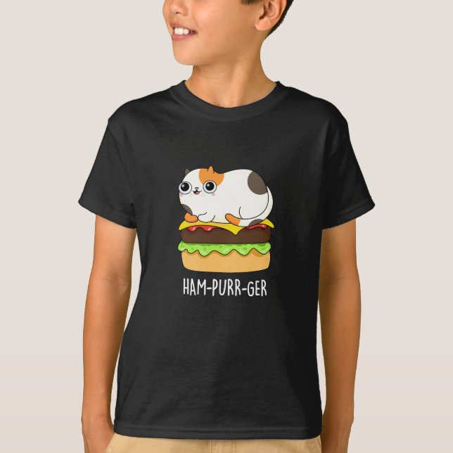 Ham-Purr-Ger Funny Cat Hamburger Pun Dark BG T-Shirt (Front)