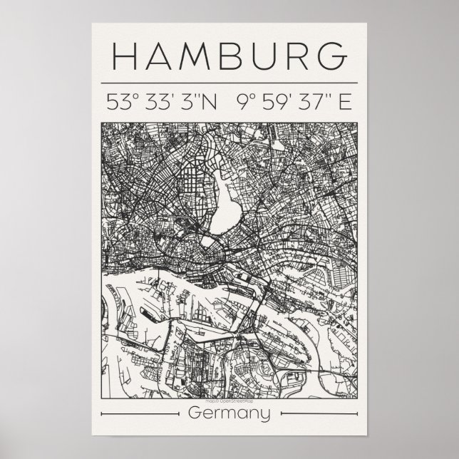 Hamburg Charcoal City Map Poster Minimal Germany (Front)
