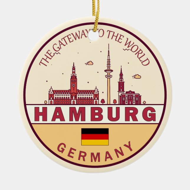 Hamburg Germany City Skyline Emblem Ceramic Tree Decoration (Front)