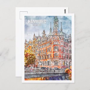 Hamburg Germany Famous Travel Place Watercolor Postcard