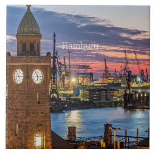 Hamburg, Germany panoramic view at twilight Tile