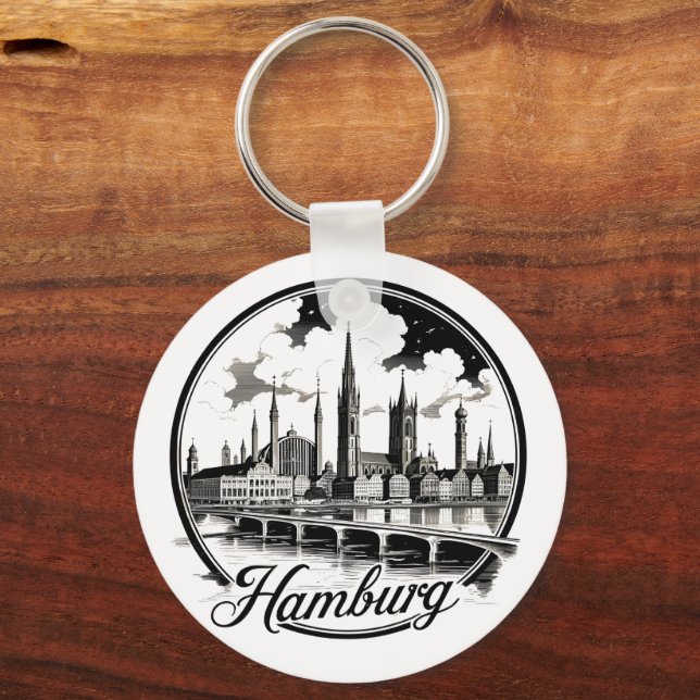 Hamburg Germany Skyline – Vintage Circle Cityscape Key Ring (Front)