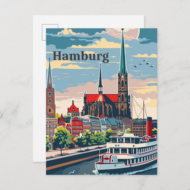 Hamburg Germany Vintage Retro Travel Illustration Postcard (Front/Back)
