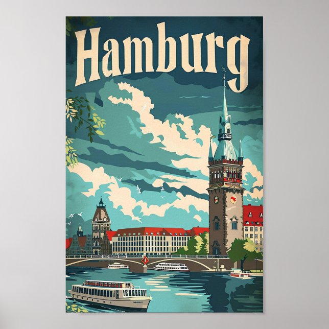 Hamburg Germany Vintage Retro Travel Illustration Poster (Front)