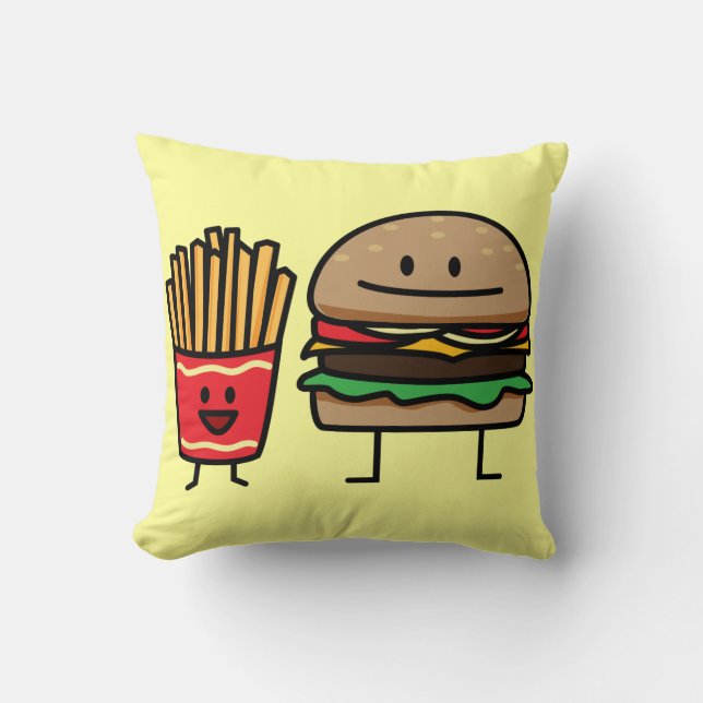 Hamburger and Fries fast food bun junk fried hot Cushion (Front)