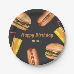 Hamburger And Hot Dog Fast Food Happy Birthday Paper Plate