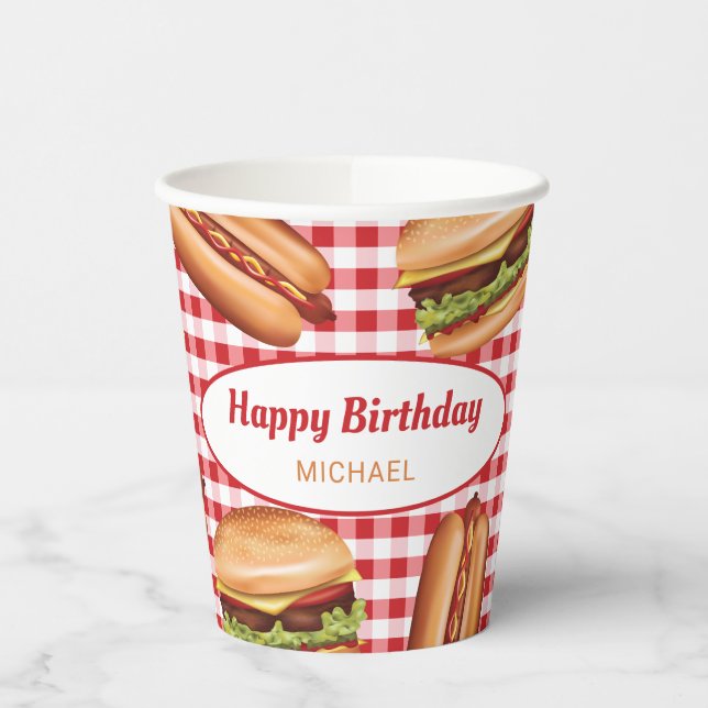 Hamburger And Hot Dog On Red Gingham Birthday Paper Cups (Left)