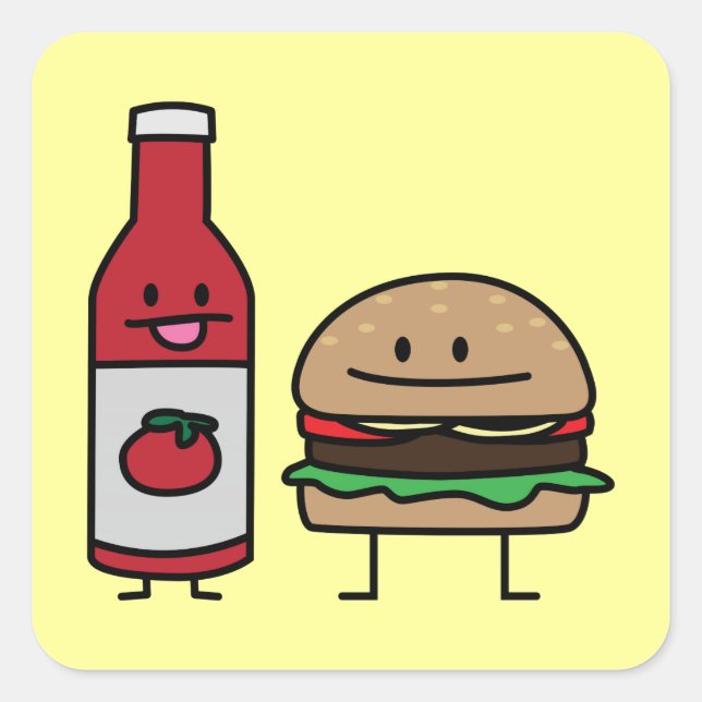 Hamburger and Ketchup fast food buddies bun patty Square Sticker (Front)