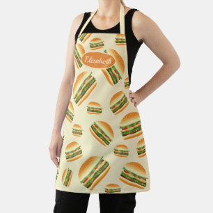 Hamburger Cartoon Illustration Pattern & Name Apron