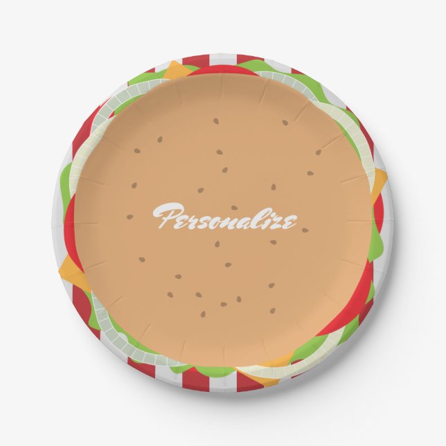 Hamburger cheeseburger cute cafe diner striped paper plate (Front)