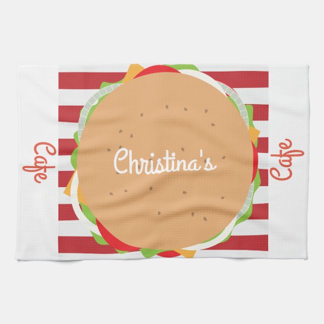 Hamburger cheeseburger cute cafe striped diner tea towel (Horizontal)