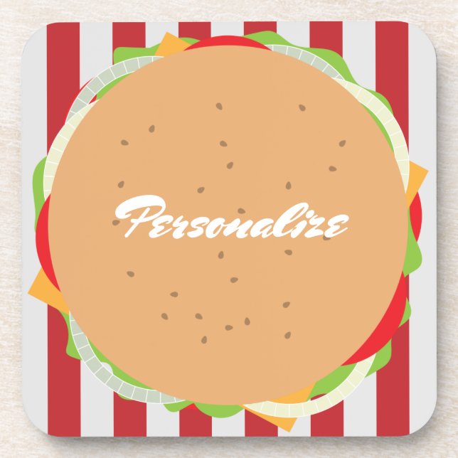 Hamburger cheeseburger cute cafe striped red white coaster (Front)