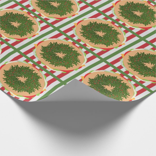 Hamburger cheeseburger holly wreath red green wrapping paper (Corner)