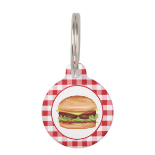 Hamburger Fast Food Illustration On Red Gingham Pet Tag