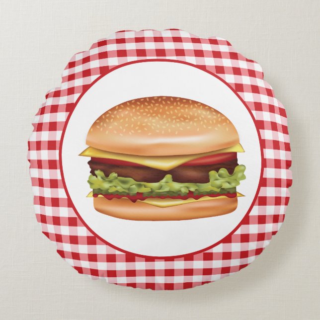 Hamburger Fast Food Illustration On Red Gingham Round Cushion (Front)