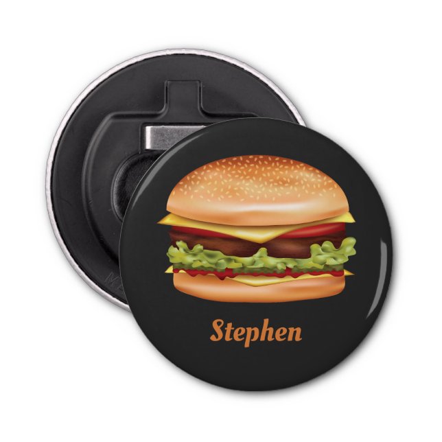 Hamburger Fast Food Illustration With Custom Name Bottle Opener (Front)