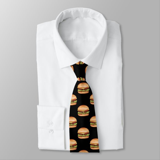 Hamburger Fast Food Pattern On Black Tie (Tied)