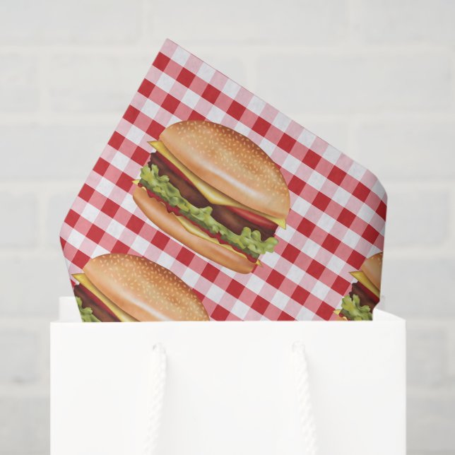 Hamburger Fast Foods On Red Gingham Pattern Tissue Paper (Gift Bag)