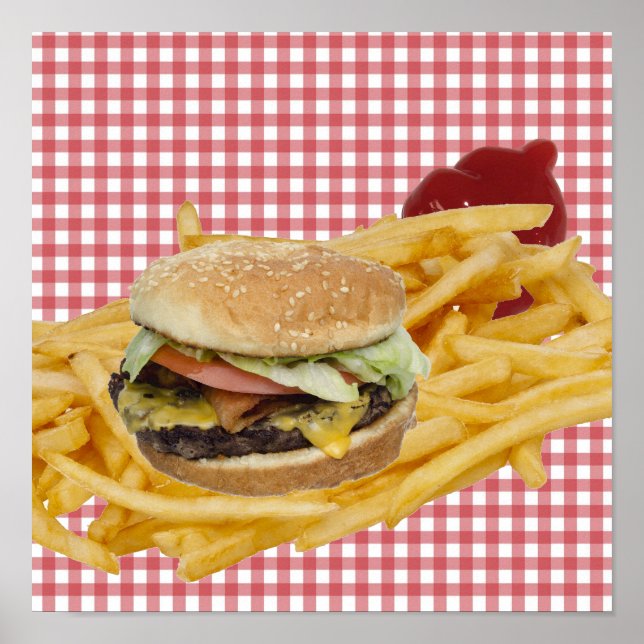 Hamburger, Fries, Red White Checkered Background Poster (Front)