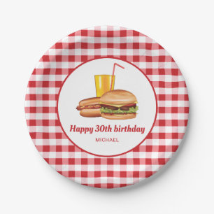 Hamburger Hot Dog And Drink Red Gingham Birthday Paper Plate