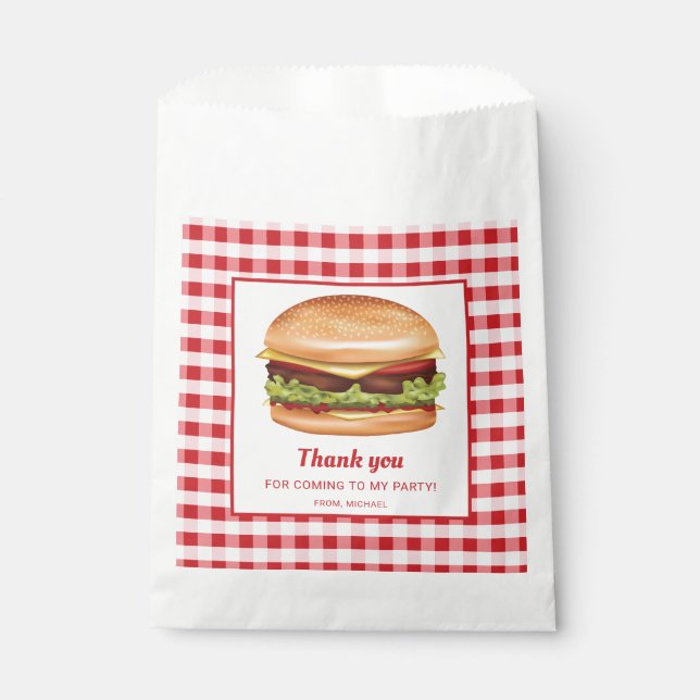 Hamburger On Red Gingham Birthday Thank You Favour Bags (Front)