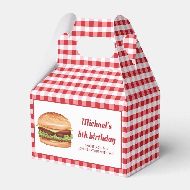 Hamburger On Red Gingham Birthday Thank You Favour Box (Front Side)